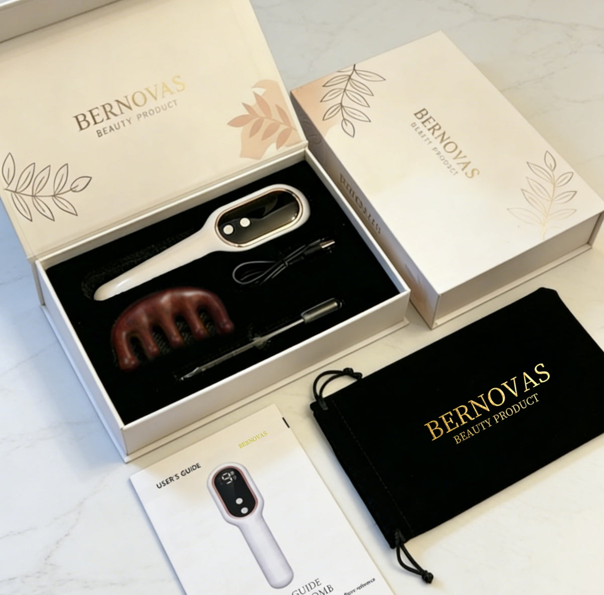 BERNOVAS Scalp Massager with Oil Applicator – 3-in-1 At-Home Head Spa | Sonic Vibration + Serum Dispenser | Gift Set with Sandalwood Comb