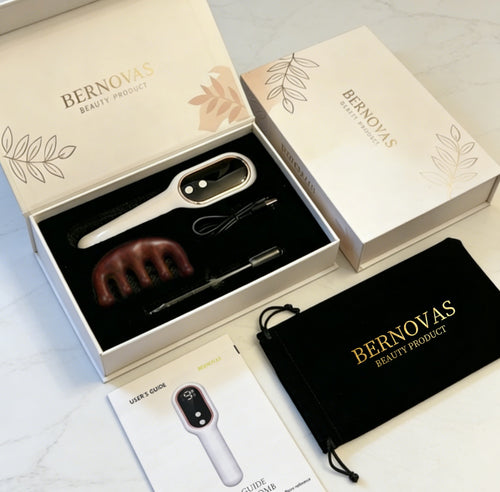 BERNOVAS Scalp Massager with Oil Applicator – 3-in-1 At-Home Head Spa | Sonic Vibration + Serum Dispenser | Gift Set with Sandalwood Comb
