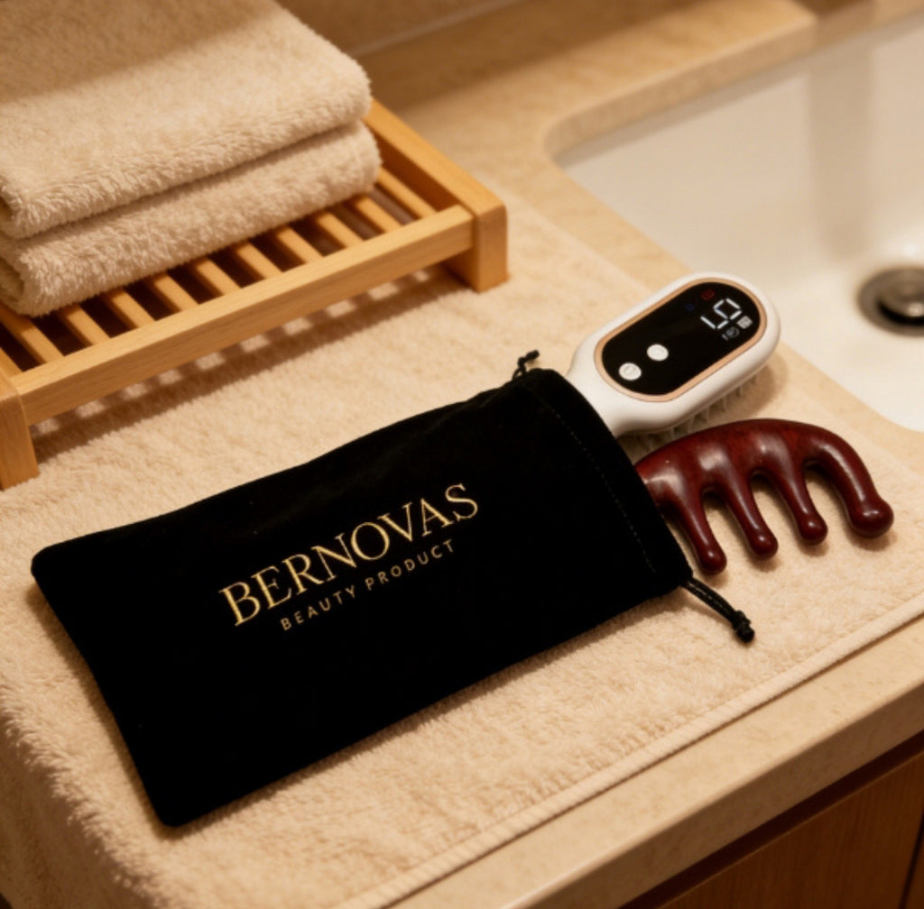 BERNOVAS Scalp Massager with Oil Applicator – 3-in-1 At-Home Head Spa | Sonic Vibration + Serum Dispenser | Gift Set with Sandalwood Comb