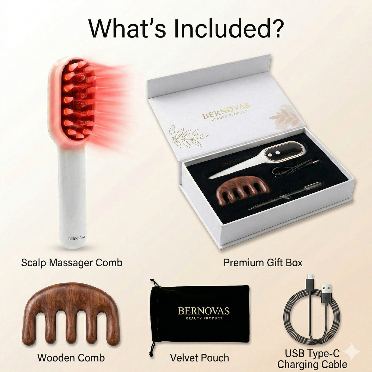 BERNOVAS Scalp Massager with Oil Applicator – 3-in-1 At-Home Head Spa | Sonic Vibration + Serum Dispenser | Gift Set with Sandalwood Comb