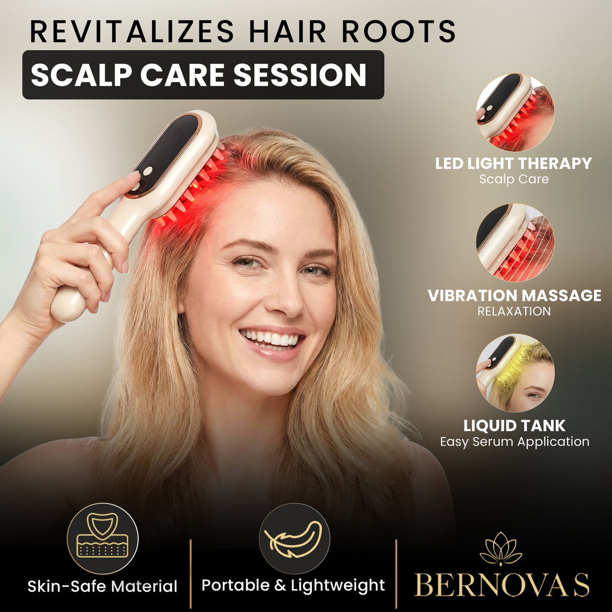 BERNOVAS Scalp Massager with Oil Applicator – 3-in-1 At-Home Head Spa | Sonic Vibration + Serum Dispenser | Gift Set with Sandalwood Comb