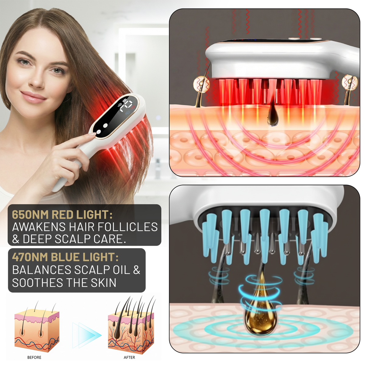 BERNOVAS Scalp Massager with Oil Applicator – 3-in-1 At-Home Head Spa | Sonic Vibration + Serum Dispenser | Gift Set with Sandalwood Comb