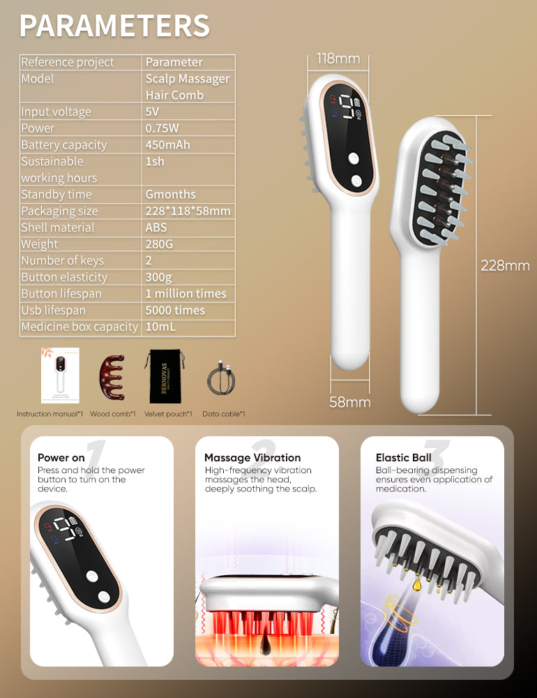 BERNOVAS Scalp Massager with Oil Applicator – 3-in-1 At-Home Head Spa | Sonic Vibration + Serum Dispenser | Gift Set with Sandalwood Comb